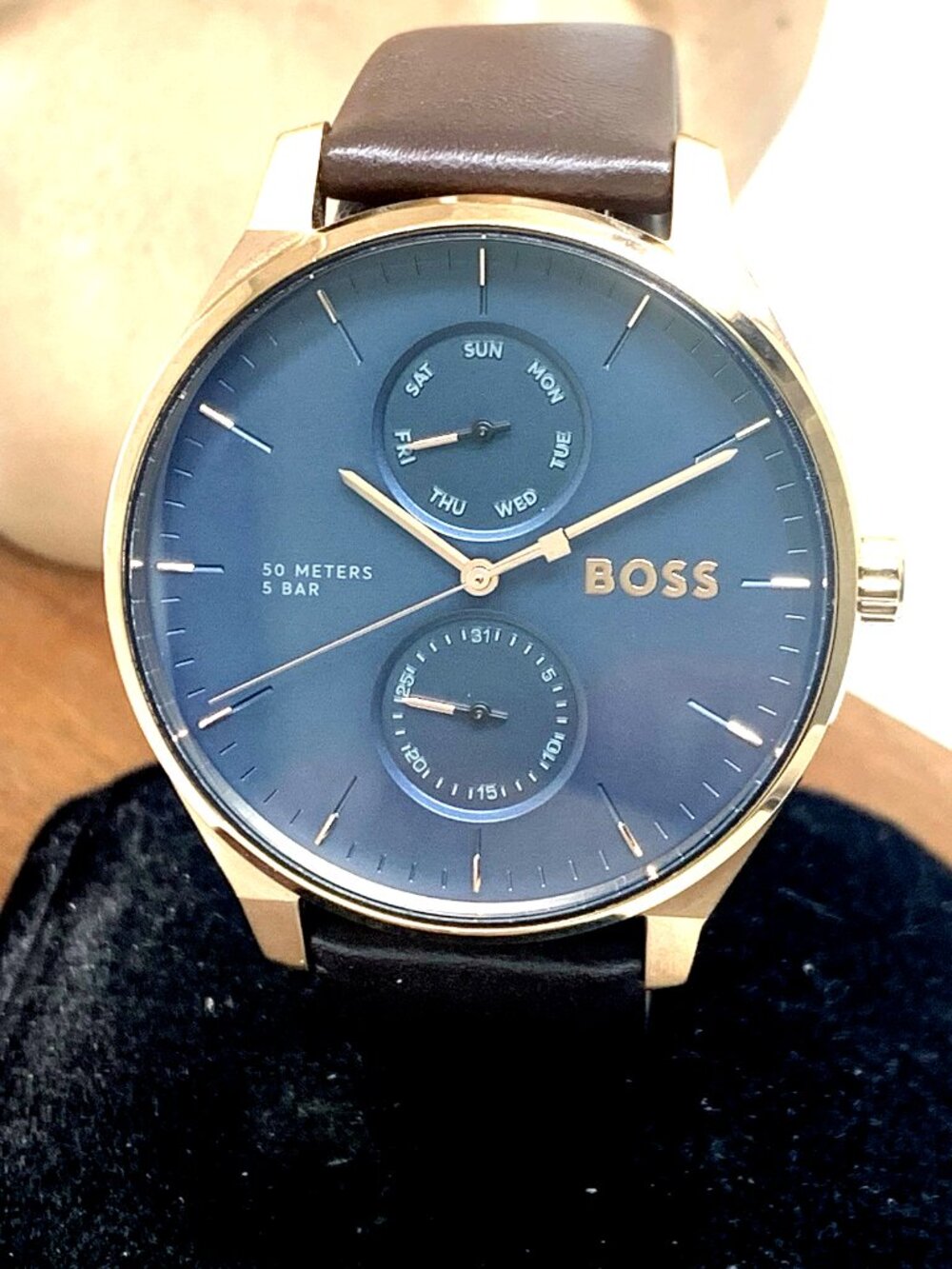 Hugo Boss Mens Watch 1514103 Tyler Quartz Rose Gold Blue Dial Brown Leather 43mm